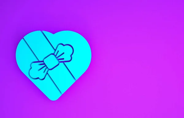 Blaue Süßigkeiten Herzförmiger Schachtel Und Bogensymbol Isoliert Auf Lila Hintergrund — Stockfoto