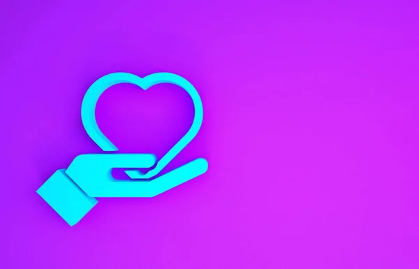 Blue Heart Hand Icon Isolated Purple Background Hand Giving Love — Stock Photo, Image