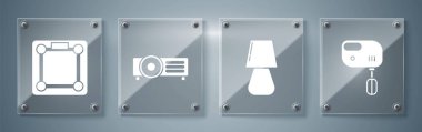 Elektrik mikseri, masa lambası, sunum, film, film, medya projektörü ve banyo terazileri. Kare cam paneller. Vektör