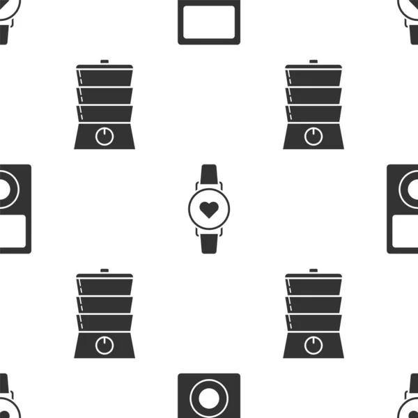 Conjunto Reproductor Música Reloj Inteligente Que Muestra Frecuencia Cardíaca Caldera — Vector de stock