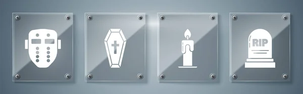 Set Grabstein Mit Riss Brennende Kerze Sarg Mit Christlichem Kreuz — Stockvektor