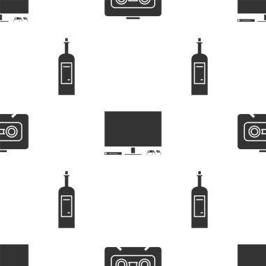 Retro ses kaseti, video oyun konsolu ve şarap şişesini kusursuz bir şablona ayarlayın. Vektör