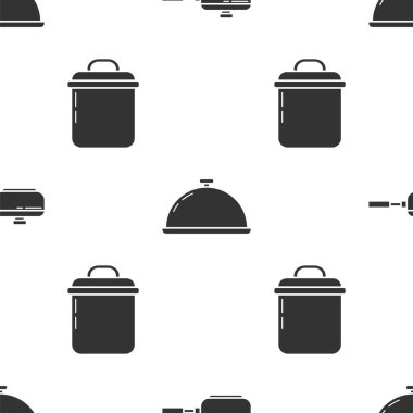 Kızartma tavasını ayarlayın, tepsi dolusu yemek ve pürüzsüz bir tencereyle kaplayın. Vektör