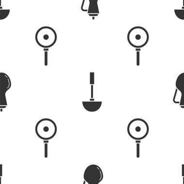 Bir şişe zeytinyağı, mutfak kepçesi ve kızartma tavasını pürüzsüz bir şekilde yerleştirin. Vektör