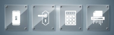 Kağıt öğütücüsünü gizli, parola koruması ve güvenlik erişimi, kapı kolu ve akıllı telefonu kilitle. Kare cam paneller. Vektör
