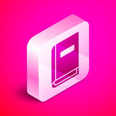 İzometrik Kullanım kılavuzu simgesi pembe arka plan üzerinde izole. Kullanım kılavuzu kitabı. Talimat işareti. Kullanmadan önce okuyun. Gümüş kare düğme. Vektör İllüstrasyonu