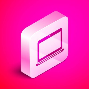 Pembe arka planda izole edilmiş Isome dizüstü bilgisayar simgesi. Boş ekran işaretli bilgisayar defteri. Gümüş kare düğme. Vektör İllüstrasyonu