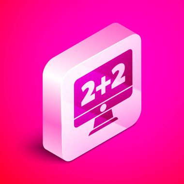 Bilgisayar monitörü ikonu üzerindeki denklem çözümünün Isometric Matematik sistemi pembe arka planda izole edildi. Gümüş kare düğme. Vektör İllüstrasyonu