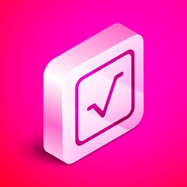 Pembe arkaplanda izole edilmiş Isometric kare kök simgesi. Gümüş kare düğme. Vektör İllüstrasyonu