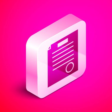 Tutuklama emri simgesi pembe arka planda izole edilmiş. Arama emri, polis raporu, mahkeme celbi. Adalet kavramı. Gümüş kare düğme. Vektör İllüstrasyonu