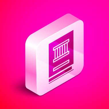 Pembe arka planda izole edilmiş Isome Hukuk kitabı simgesi. Yasal yargıç kitabı. Yargılama kavramı. Gümüş kare düğme. Vektör İllüstrasyonu