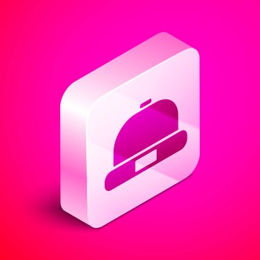 Pembe arka planda izole edilmiş Isome Beanie şapka simgesi. Gümüş kare düğme. Vektör İllüstrasyonu