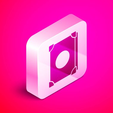 Üzerinde simya tarifleri, mistik büyüler ve pembe arka planda izole edilmiş büyü simgeleri olan Isome 'lı Eskiler' in sihirli kitabı. Gümüş kare düğme. Vektör İllüstrasyonu