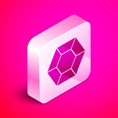 Pembe arka planda izole edilmiş Isome Magic Stone simgesi. Fantezi kristali. Maç için mücevher. Gümüş kare düğme. Vektör İllüstrasyonu