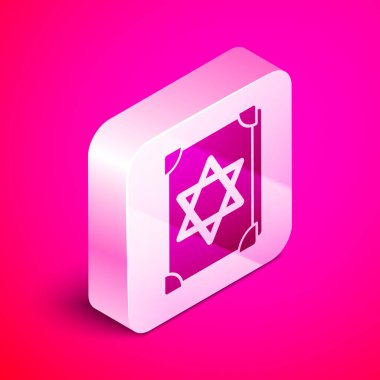 Üzerinde simya tarifleri, mistik büyüler ve pembe arka planda izole edilmiş büyü simgeleri olan Isome 'lı Eskiler' in sihirli kitabı. Gümüş kare düğme. Vektör İllüstrasyonu