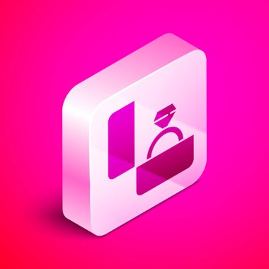 İzometrik Elmas nişan yüzüğü simgesi pembe arka plan üzerinde izole. Gümüş kare düğme. Vektör İllüstrasyonu