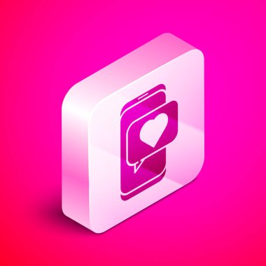 Pembe arka planda Isometric Online randevu uygulaması ve sohbet simgesi izole edildi. Uluslararası Mutlu Kadınlar Günü. Gümüş kare düğme. Vektör İllüstrasyonu