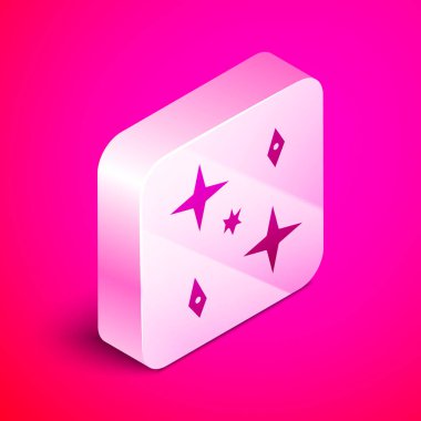 Pembe arka planda izole edilmiş Isometric Kayan Yıldızlar simgesi. Göktaşı, göktaşı, kuyruklu yıldız, asteroid, yıldız ikonu. Gümüş kare düğme. Vektör İllüstrasyonu