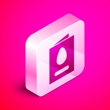 Pembe arka planda izole edilmiş Mutlu Paskalyalar ikonlu Isometric tebrik kartı. Kutlama için davetiye ya da tebrik kartı şablonu. Gümüş kare düğme. Vektör İllüstrasyonu