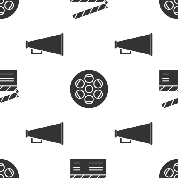 Réglez Movie Clapper Film Reel Megaphone Sur Motif Sans Couture — Image vectorielle