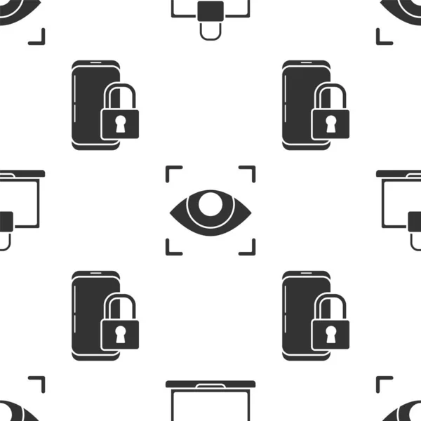 Установите Ноутбук Замок Сканирование Глаз Смартфон Закрытым Замком Бесшовный Узор — стоковый вектор