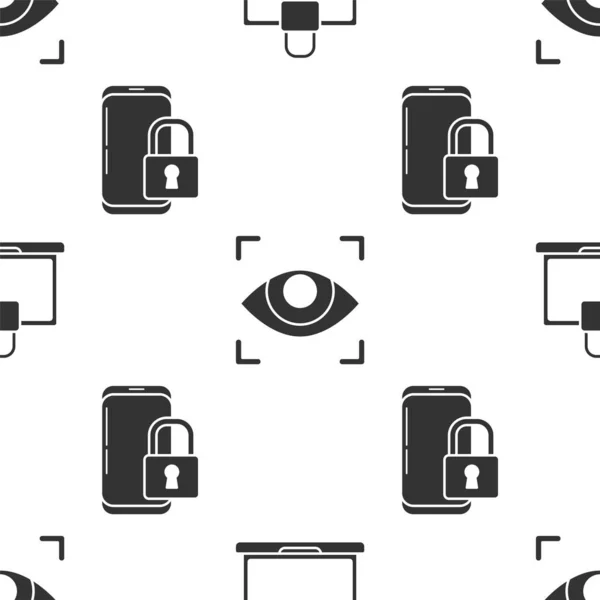 Set Laptop Lock Eye Scan Smartphone Closed Padlock Seamless Pattern — Stock Vector