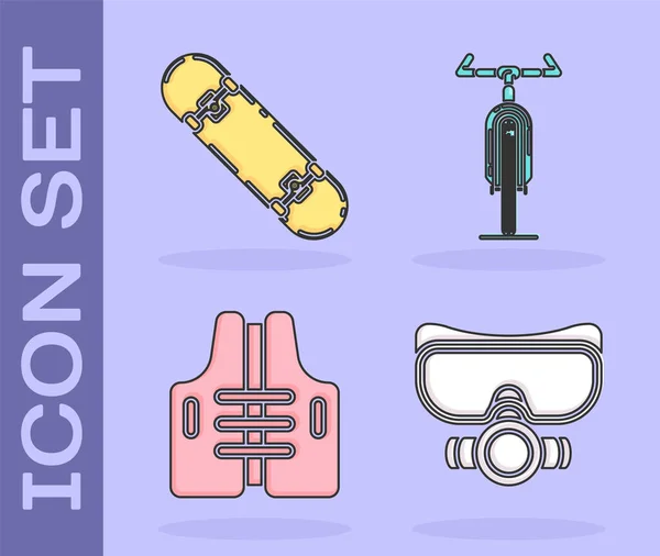 Set Máscara Buceo Truco Monopatín Chaleco Salvavidas Icono Bicicleta Vector — Vector de stock