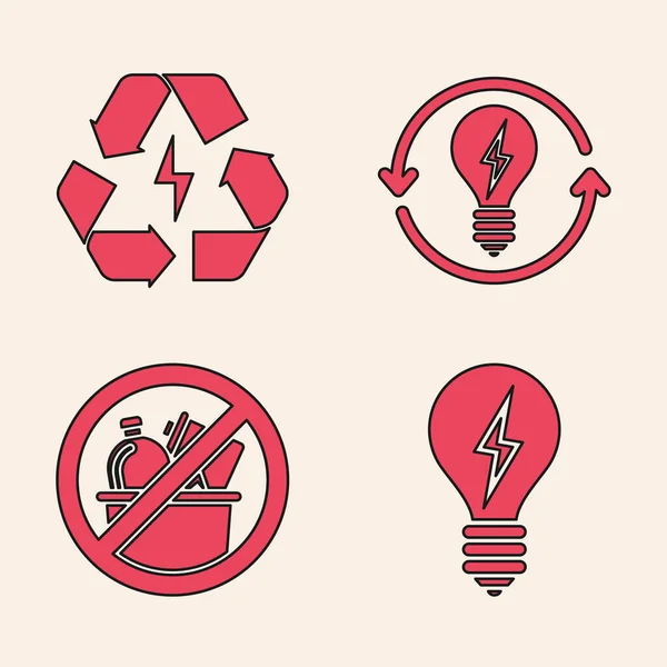Definir Lâmpada Com Símbolo Relâmpago Bateria Com Símbolo Reciclagem Reciclar — Vetor de Stock