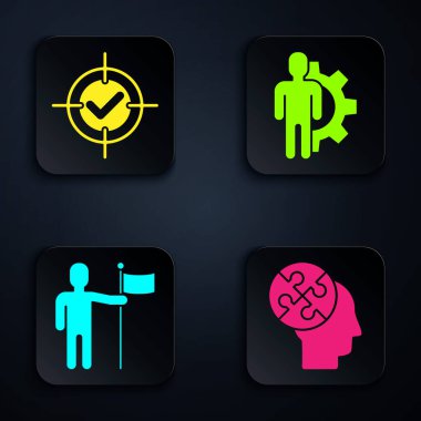 İnsan kafası bulmaca stratejisi belirle, hedef al ve işaretle, bayrak tutan adam ve teçhizatlı insan. Siyah kare düğme. Vektör