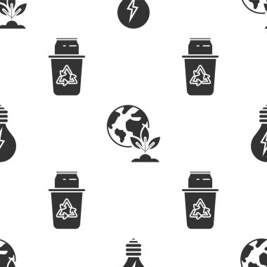 Ampulü şimşek sembolü, Dünya küresi, bitki ve geri dönüşüm kutusunu geri dönüşüm sembolü ve kusursuz desen üzerine yerleştirin. Vektör