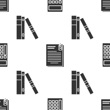 Hesap makinesini, Dosya belgesini ve ataç ve ofis klasörlerini pürüzsüz desen üzerine kağıt ve belgelerle ayarla. Vektör