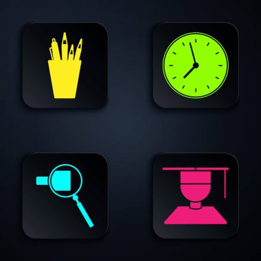 Mezuniyet şapkası, kalem kutusu kırtasiyesi, büyüteç ve saat. Siyah kare düğme. Vektör