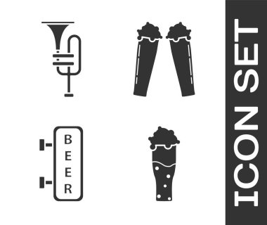 Set Glass of beer, Musical instrument trumpet, Street signboard with inscription Beer and Glass of beer icon. Vector