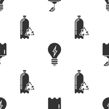 Şişede filiz, yıldırım sembollü ampul ve dikişsiz desenli plastik şişe geri dönüşümü ayarlayın. Vektör