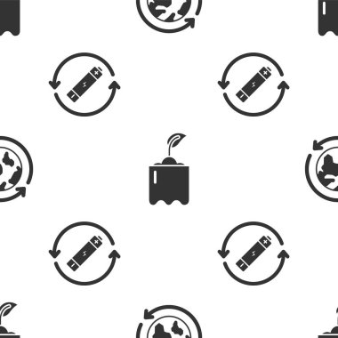 Gezegen dünyasını ve geri dönüşümü ayarla, şişede filizlen ve geri dönüşüm sembolü olan pili dikişsiz desen üzerine yerleştir. Vektör