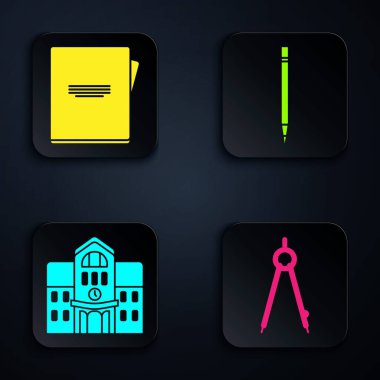 Çizim pusulası, not defteri, okul binası ve silgiyle kalem ayarlayın. Siyah kare düğme. Vektör