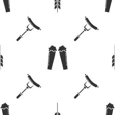 Pirinç, buğday, mısır, yulaf, çavdar, arpa, bir bardak bira ve sosis ile hazırlanmış mısır gevreğini çatalsız desen üzerine koyun. Vektör