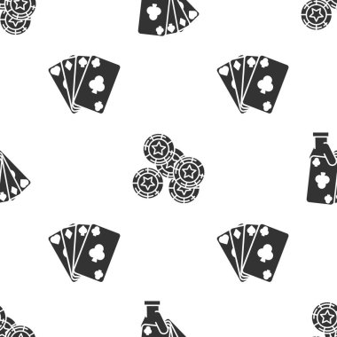 El 'in elinde iskambil kağıtları, kumarhane fişleri ve düz bir şablon ile kağıt oynamalarını ayarlayın. Vektör