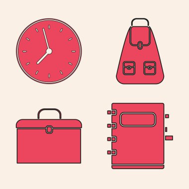 Not defteri, saat, okul çantası ve evrak çantası simgesini ayarla. Vektör