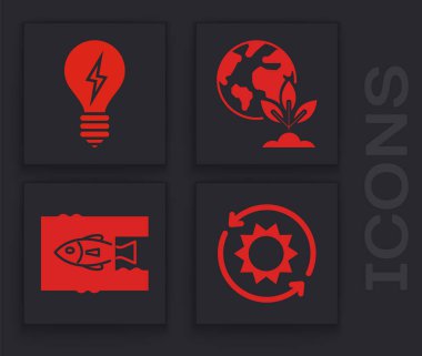 Güneş enerjisi panelini, şimşek sembollü ampulü, Dünya küresi ve bitkisini ayarla ve okyanus plastik kirliliğini durdur. Vektör