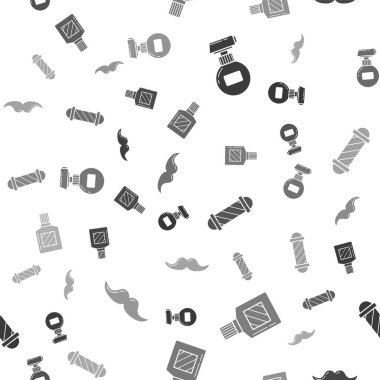 Krem ya da losyon kozmetik tüpü, tıraş losyonu, klasik berber dükkânı direği ve bıyığı kusursuz desenlere ayarlayın. Vektör