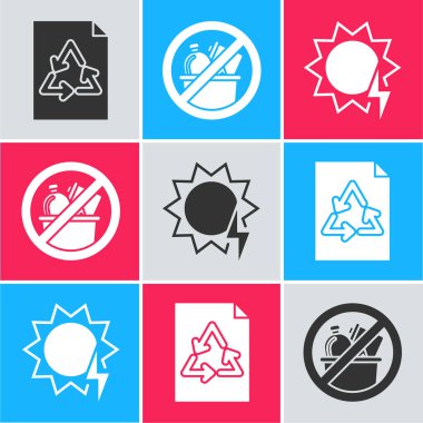 Kağıdı geri dönüşümle ayarla, çöp yok ve güneş enerjisi simgesi yok. Vektör