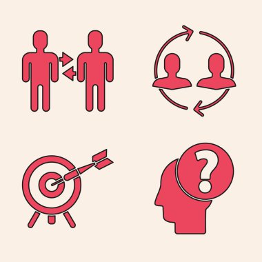 İnsan kafasını soru işaretiyle, Proje ekibi üssüyle, İnsan kaynaklarıyla ve ok ikonuyla hedefle. Vektör