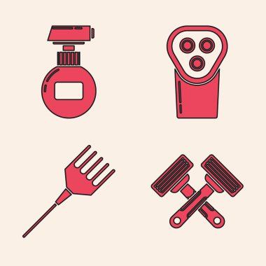 Çapraz traş bıçağı, krem veya losyon kozmetik tüpü, elektrikli saç makası veya tıraş makinesi ve saç fırçası ikonu. Vektör