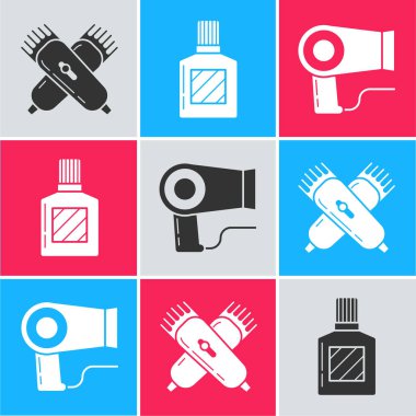 Tıraş makinesi, tıraş losyonu ve saç kurutma makinesini ayarlayın. Vektör