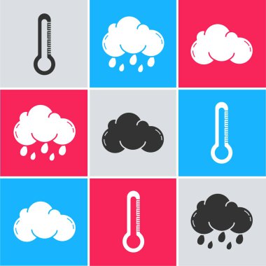 Termometreyi, yağmurlu bulutu ve bulut simgesini ayarla. Vektör