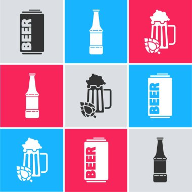 Bira kutusu, bira şişesi ve bir bardak bira ve hop ikonu. Vektör