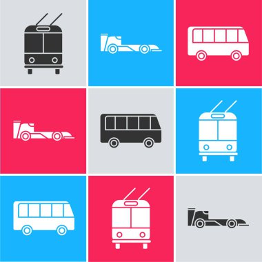 Trolleybus, Formula yarış arabası ve otobüs simgesini ayarla. Vektör