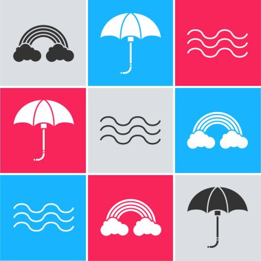 Bulutlu Gökkuşağı, klasik açık şemsiye ve dalga ikonu. Vektör
