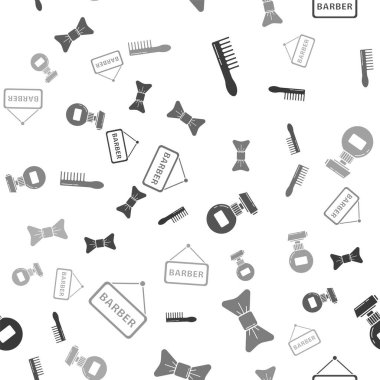 Saç fırçası, papyon, krem ya da losyon kozmetik tüpü ve berber dükkanını pürüzsüz desene göre ayarla. Vektör